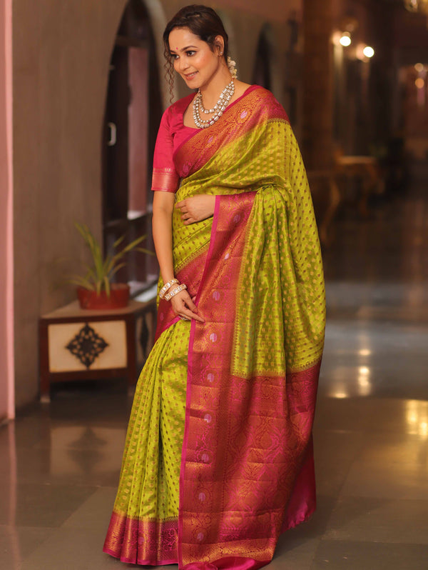 Banarasee Handloom Pure Dupion Silk Saree Antique Gold Zari Work-Green & Pink