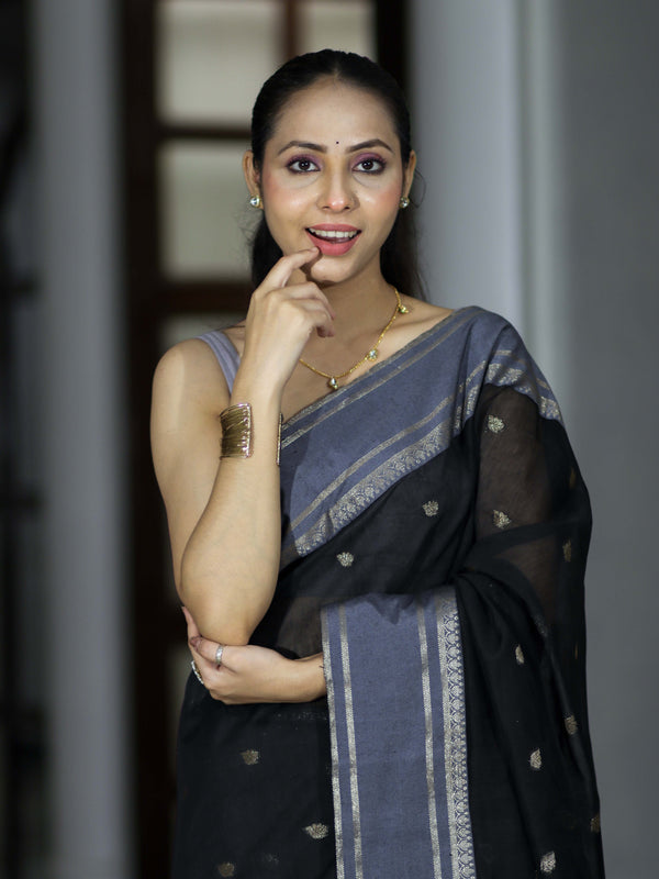 Banarasee Handloom Cotton Silk Saree With Zari Buti & Contrast Border-Black & Grey
