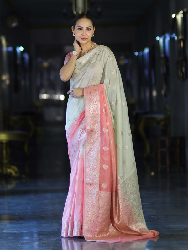 Banarasee Handloom Semi Silk Saree With Meena Design & Contrast Blouse-Light Green & Peach