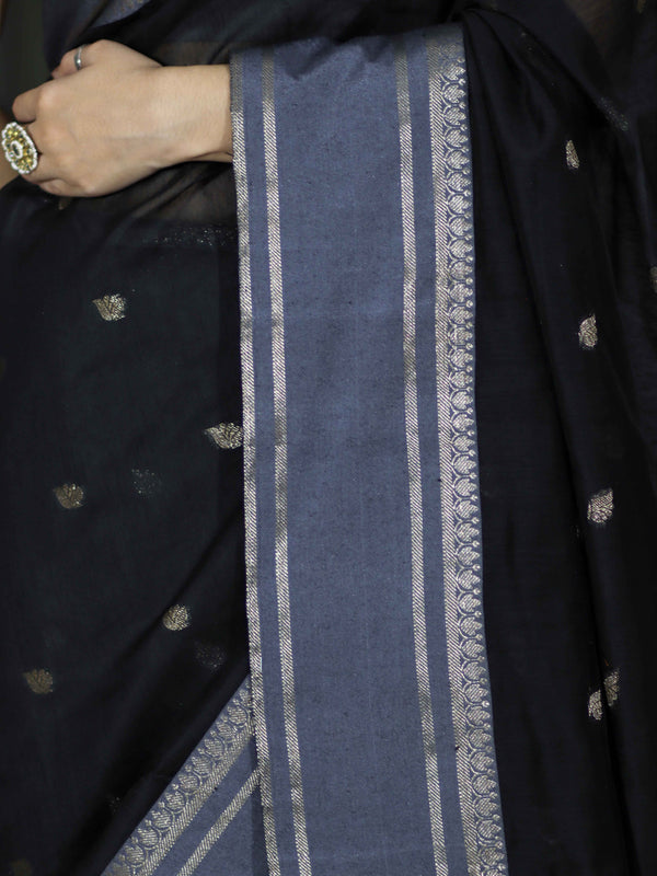 Banarasee Handloom Cotton Silk Saree With Zari Buti & Contrast Border-Black & Grey