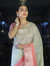 Banarasee Handloom Semi Silk Saree With Meena Design & Contrast Blouse-Light Green & Peach