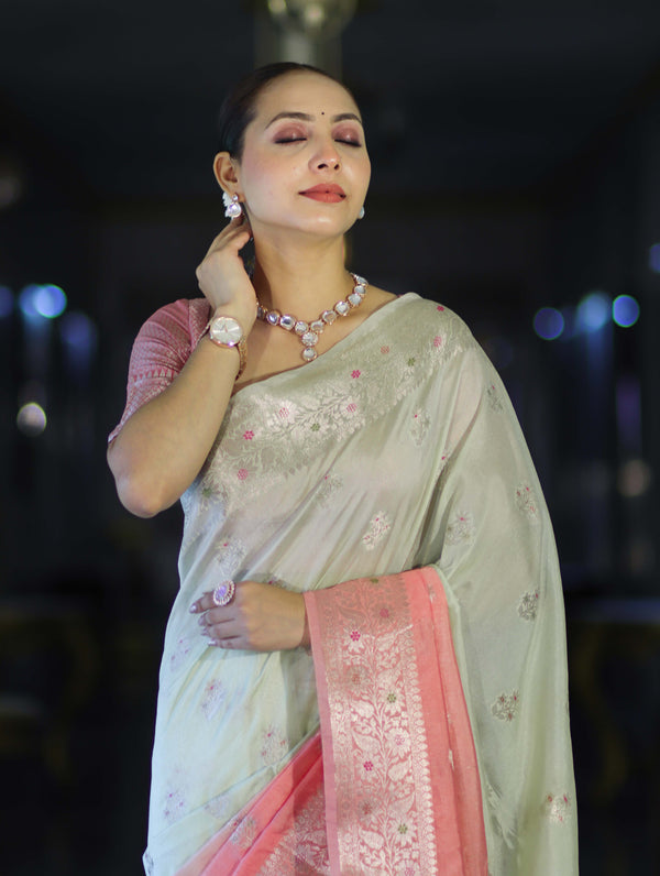 Banarasee Handloom Semi Silk Saree With Meena Design & Contrast Blouse-Light Green & Peach