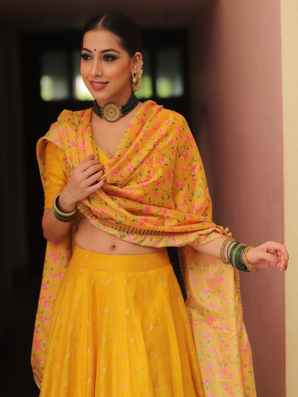 Banarasee Chanderi Silk Lehenga & Blouse With Crepe Silk Dupatta-Yellow