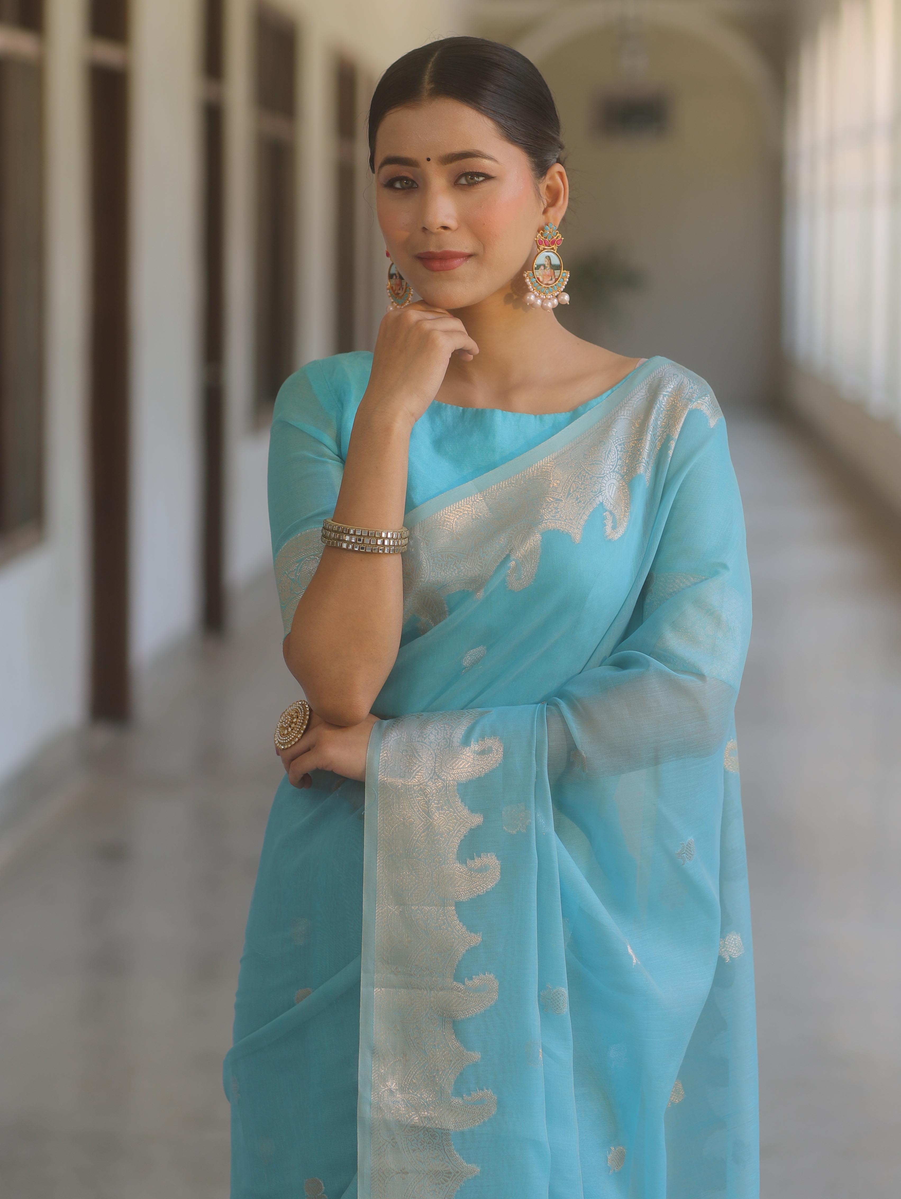 Banarasee Handwoven Silk Cotton Silk Saree Zari Buti & Border-Light Blue