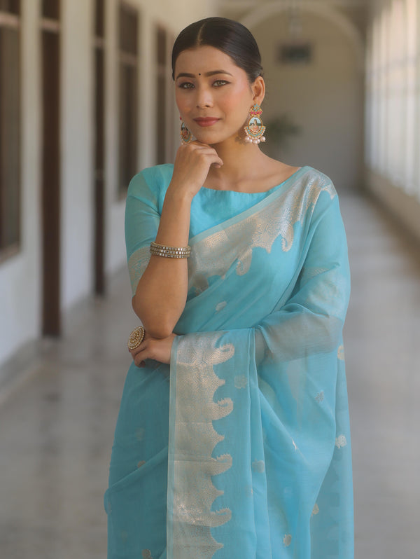 Banarasee Handwoven Silk Cotton Silk Saree Zari Buti & Border-Light Blue