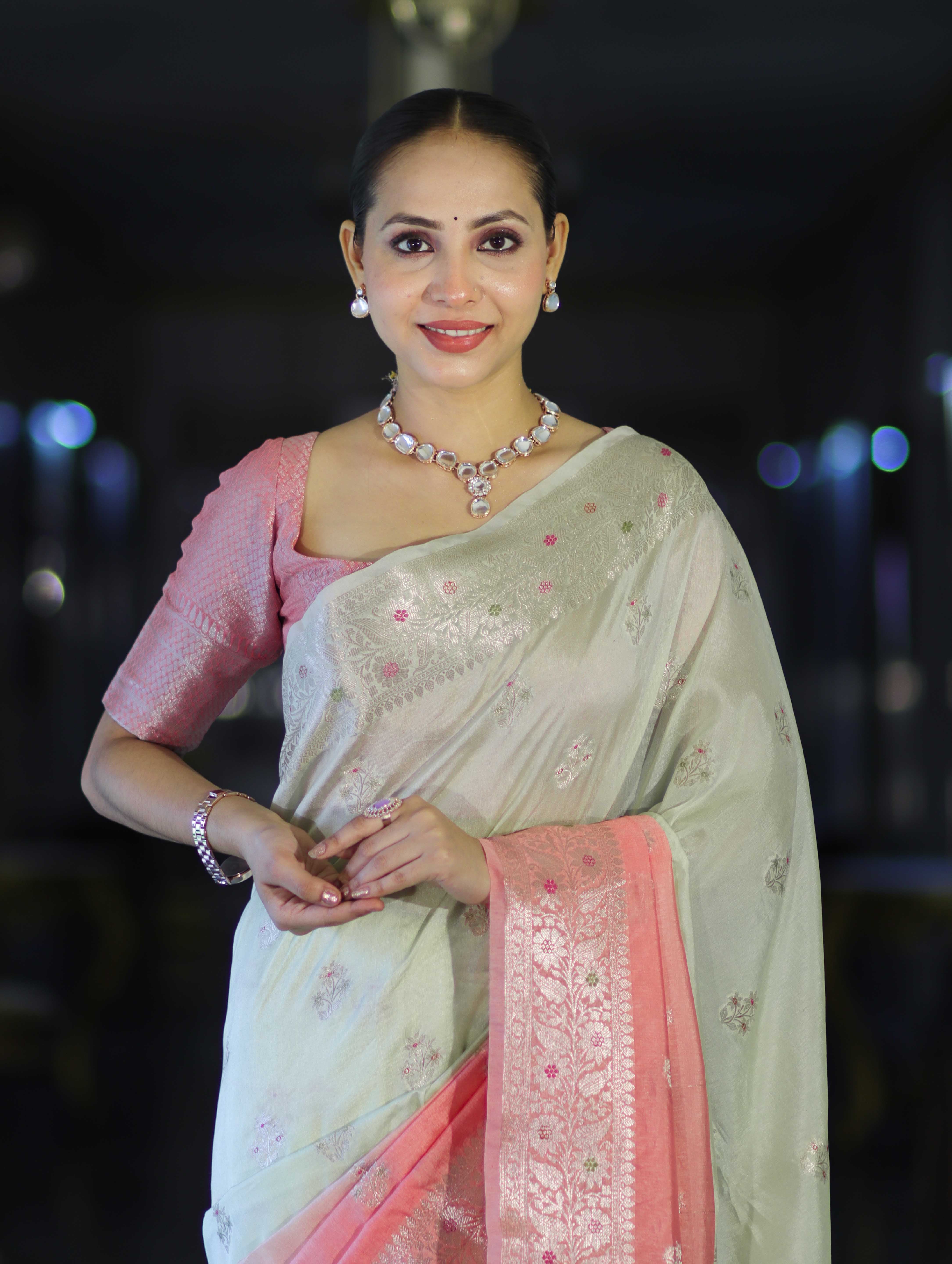 Banarasee Handloom Semi Silk Saree With Meena Design & Contrast Blouse-Light Green & Peach