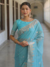 Banarasee Handwoven Silk Cotton Silk Saree Zari Buti & Border-Light Blue