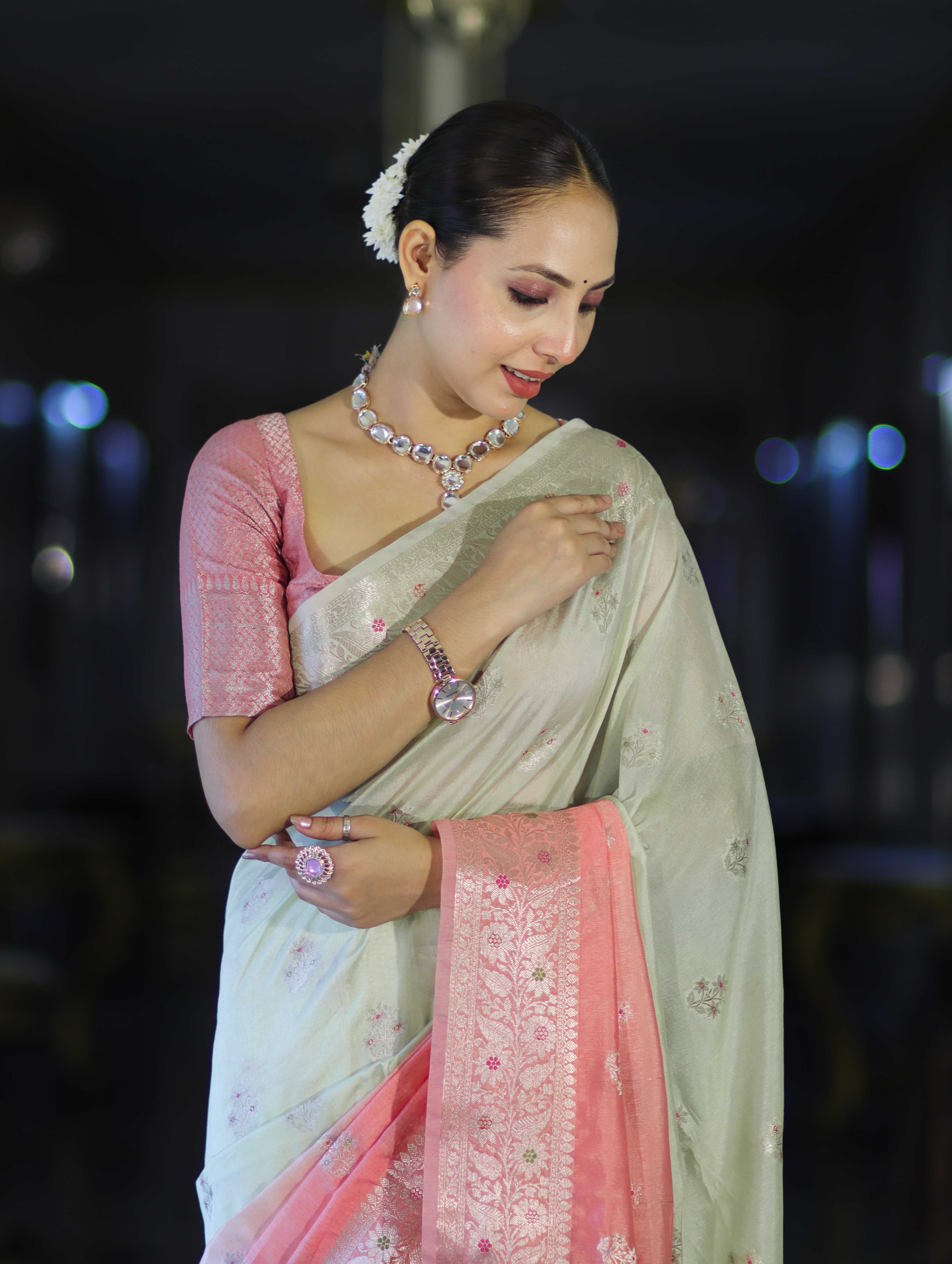 Banarasee Handloom Semi Silk Saree With Meena Design & Contrast Blouse-Light Green & Peach