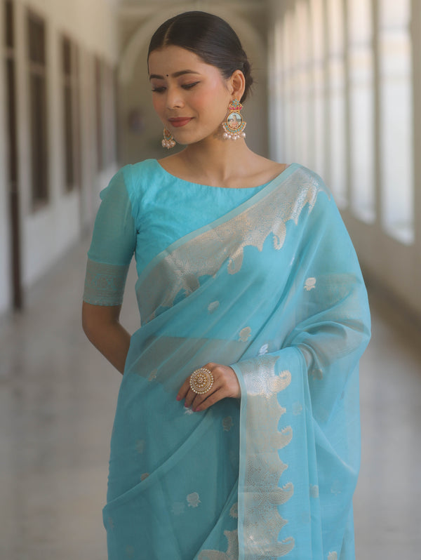 Banarasee Handwoven Silk Cotton Silk Saree Zari Buti & Border-Light Blue