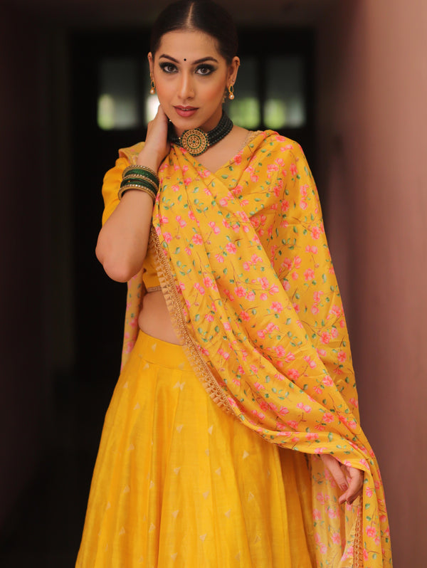 Banarasee Chanderi Silk Lehenga & Blouse With Crepe Silk Dupatta-Yellow