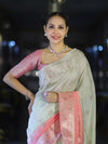 Banarasee Handloom Semi Silk Saree With Meena Design & Contrast Blouse-Light Green & Peach