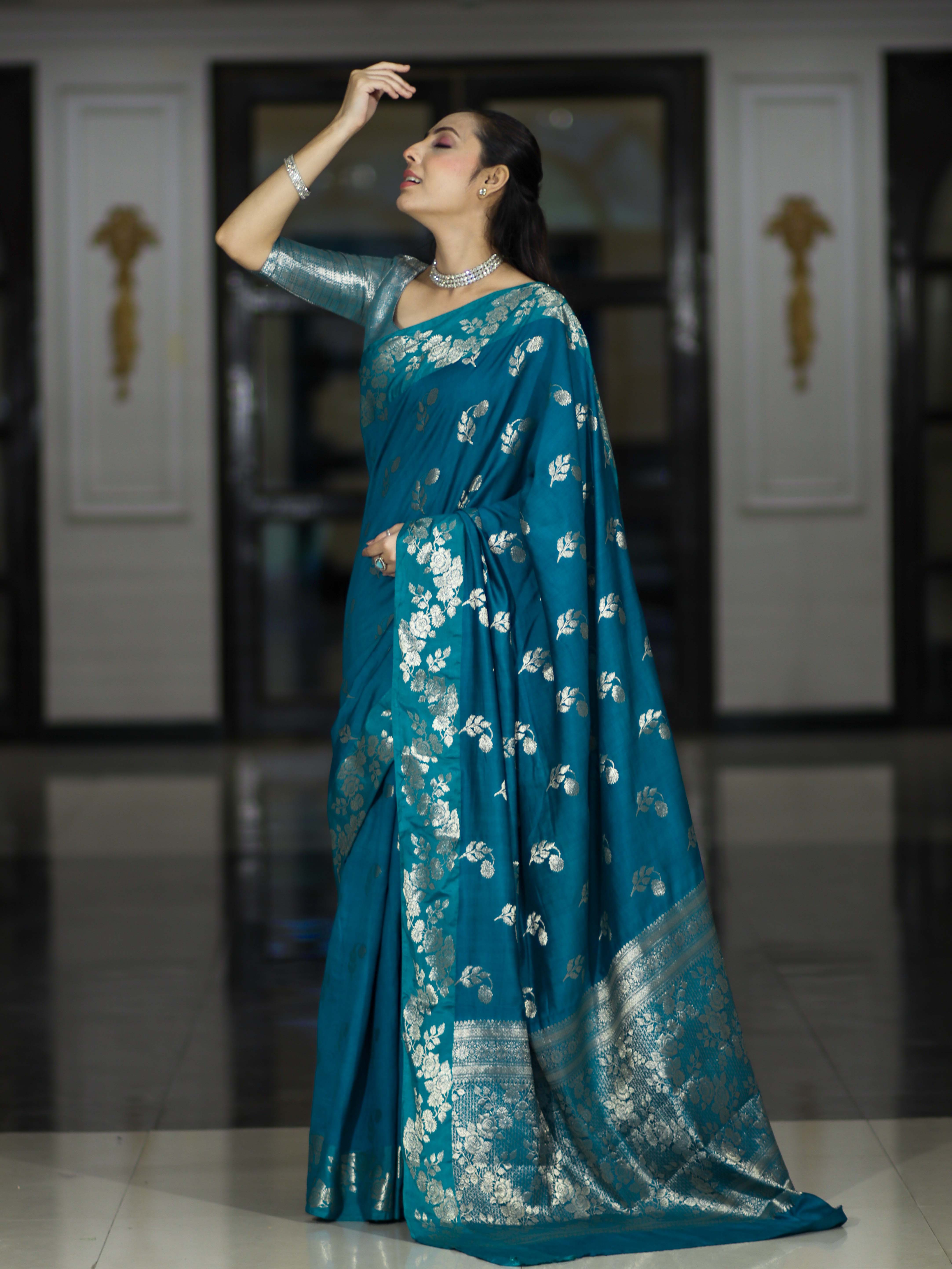 Banarasee Handloom Pure Chiniya Silk Saree With Zari Work-Turquoise Blue