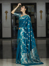 Banarasee Handloom Pure Chiniya Silk Saree With Zari Work-Turquoise Blue