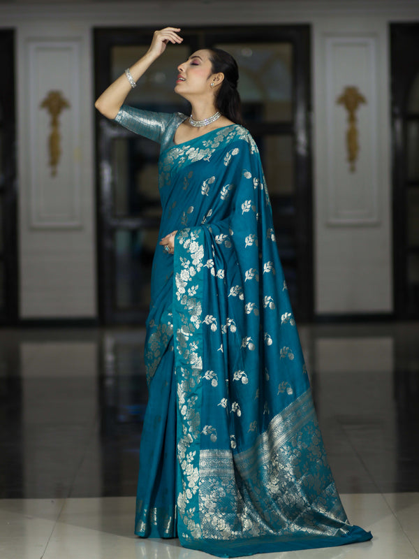 Banarasee Handloom Pure Chiniya Silk Saree With Zari Work-Turquoise Blue