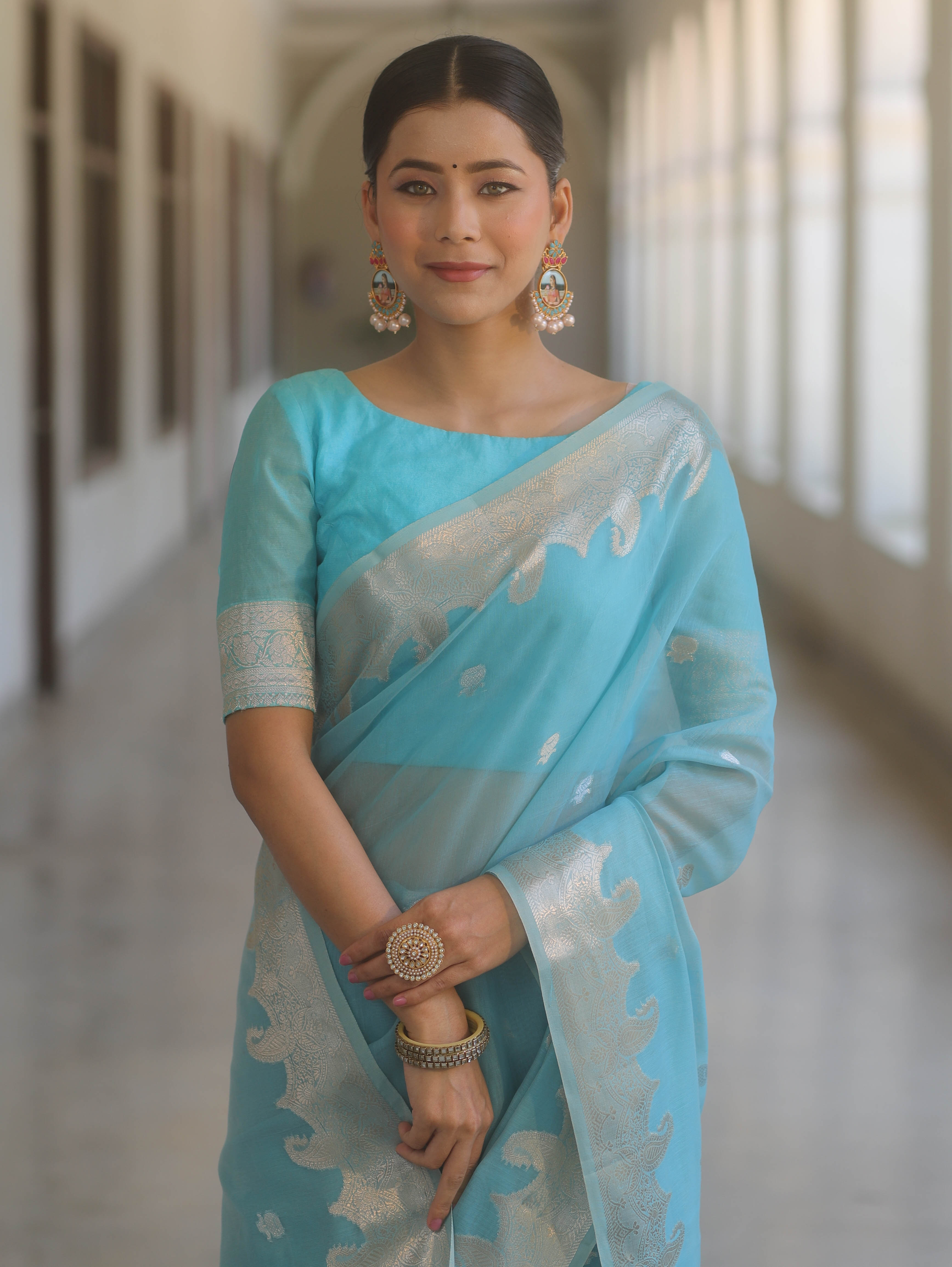 Banarasee Handwoven Silk Cotton Silk Saree Zari Buti & Border-Light Blue