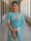 Banarasee Handwoven Silk Cotton Silk Saree Zari Buti & Border-Light Blue