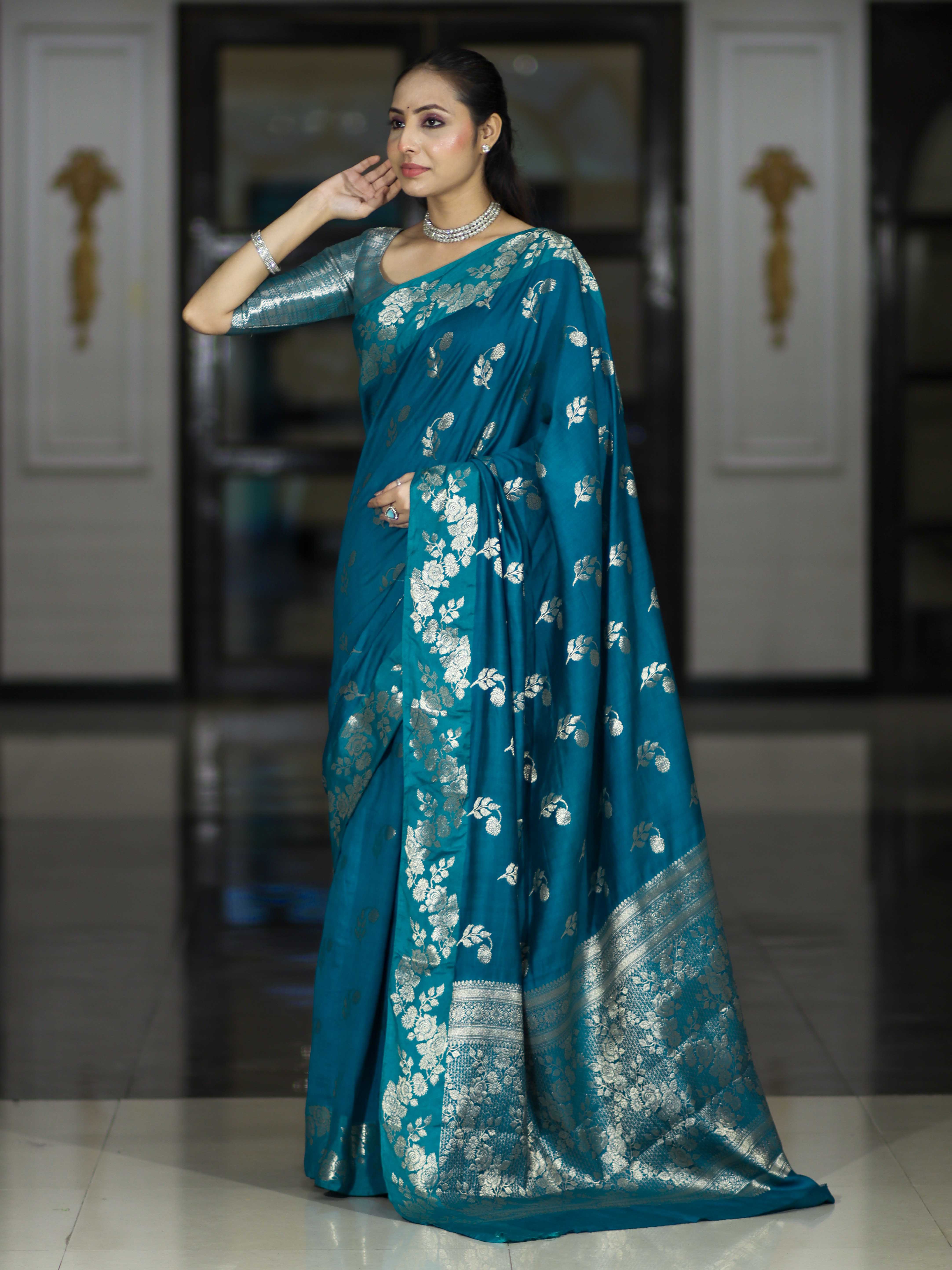 Banarasee Handloom Pure Chiniya Silk Saree With Zari Work-Turquoise Blue