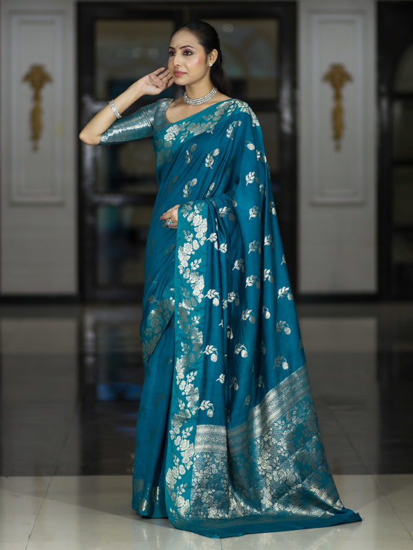 Banarasee Handloom Pure Chiniya Silk Saree With Zari Work-Turquoise Blue
