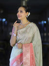 Banarasee Handloom Semi Silk Saree With Meena Design & Contrast Blouse-Light Green & Peach