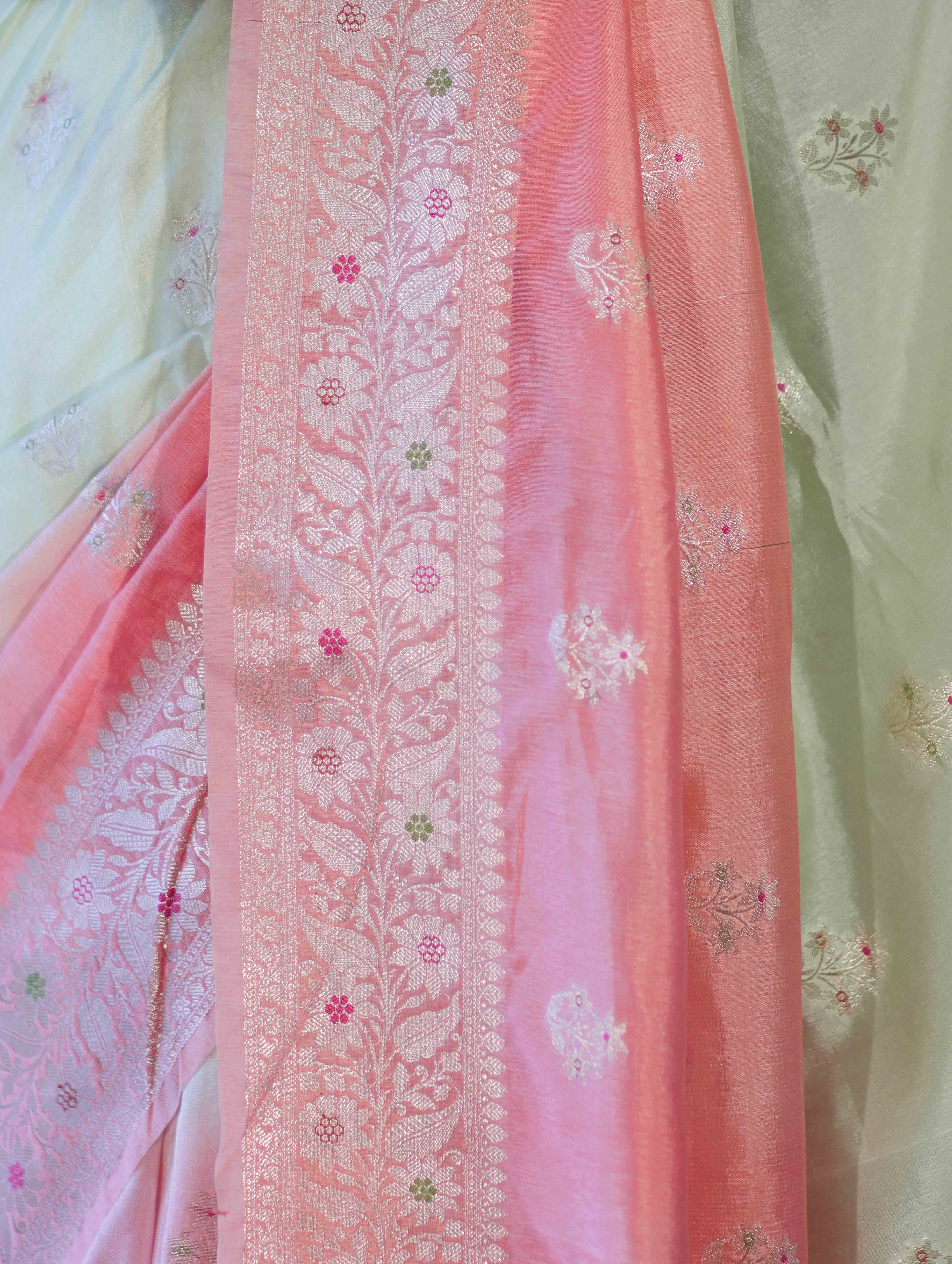 Banarasee Handloom Semi Silk Saree With Meena Design & Contrast Blouse-Light Green & Peach
