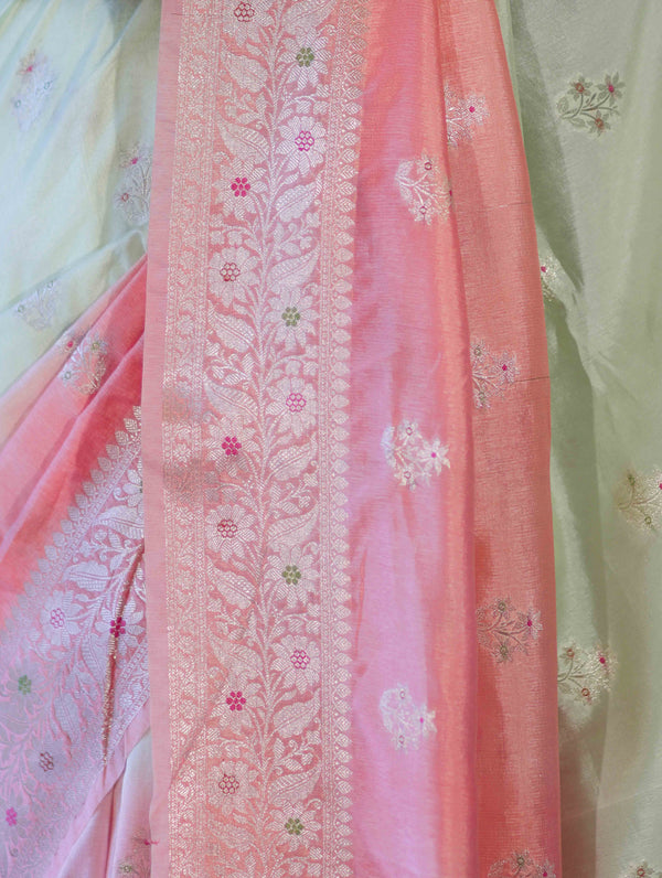 Banarasee Handloom Semi Silk Saree With Meena Design & Contrast Blouse-Light Green & Peach