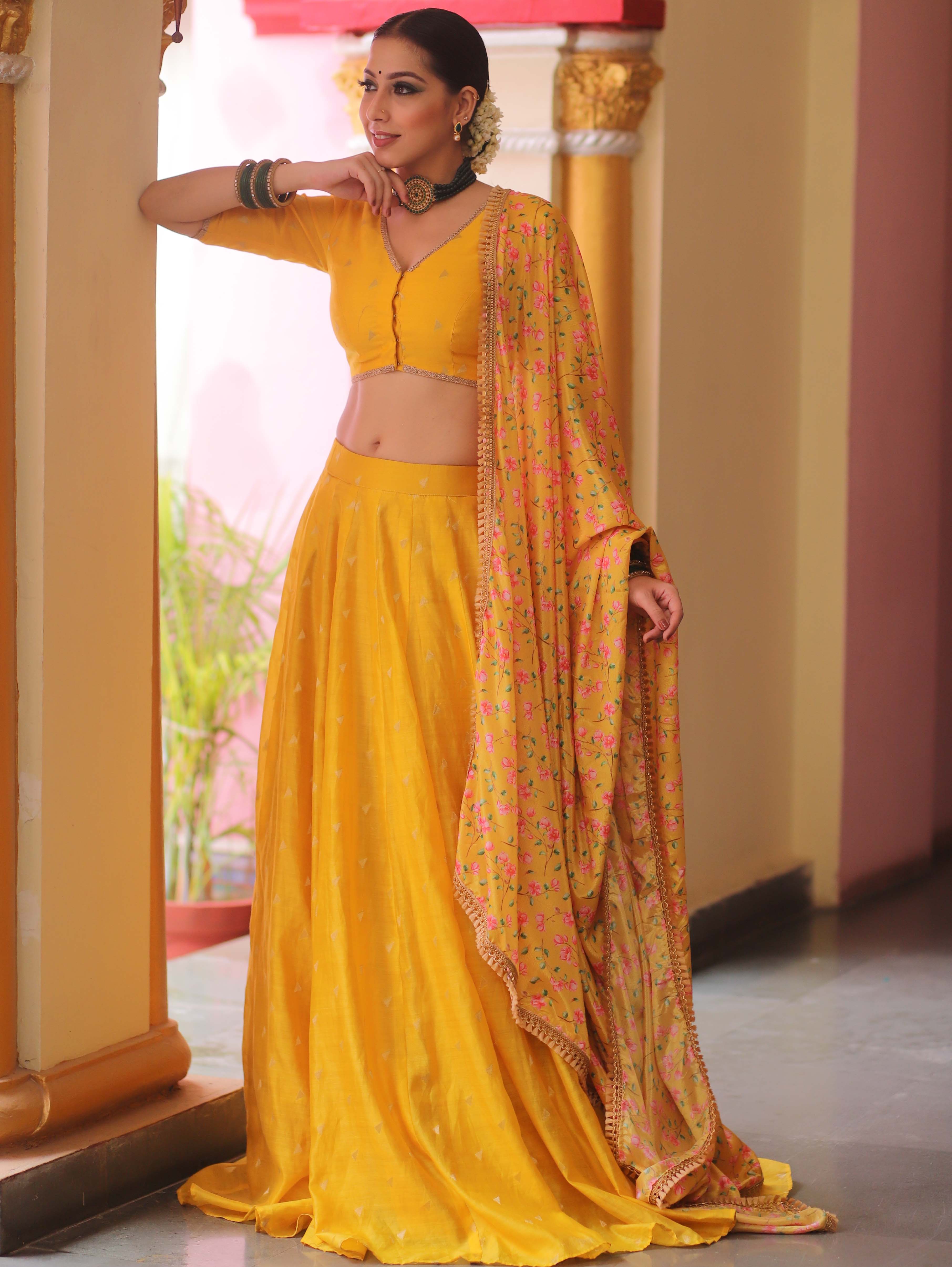 Banarasee Chanderi Silk Lehenga & Blouse With Crepe Silk Dupatta-Yellow