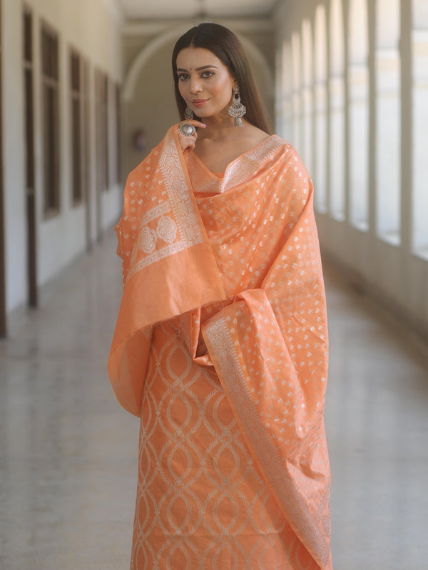 Banarasee Cotton Silk Zari Work Salwar Kameez Fabric With Dupatta-Peach