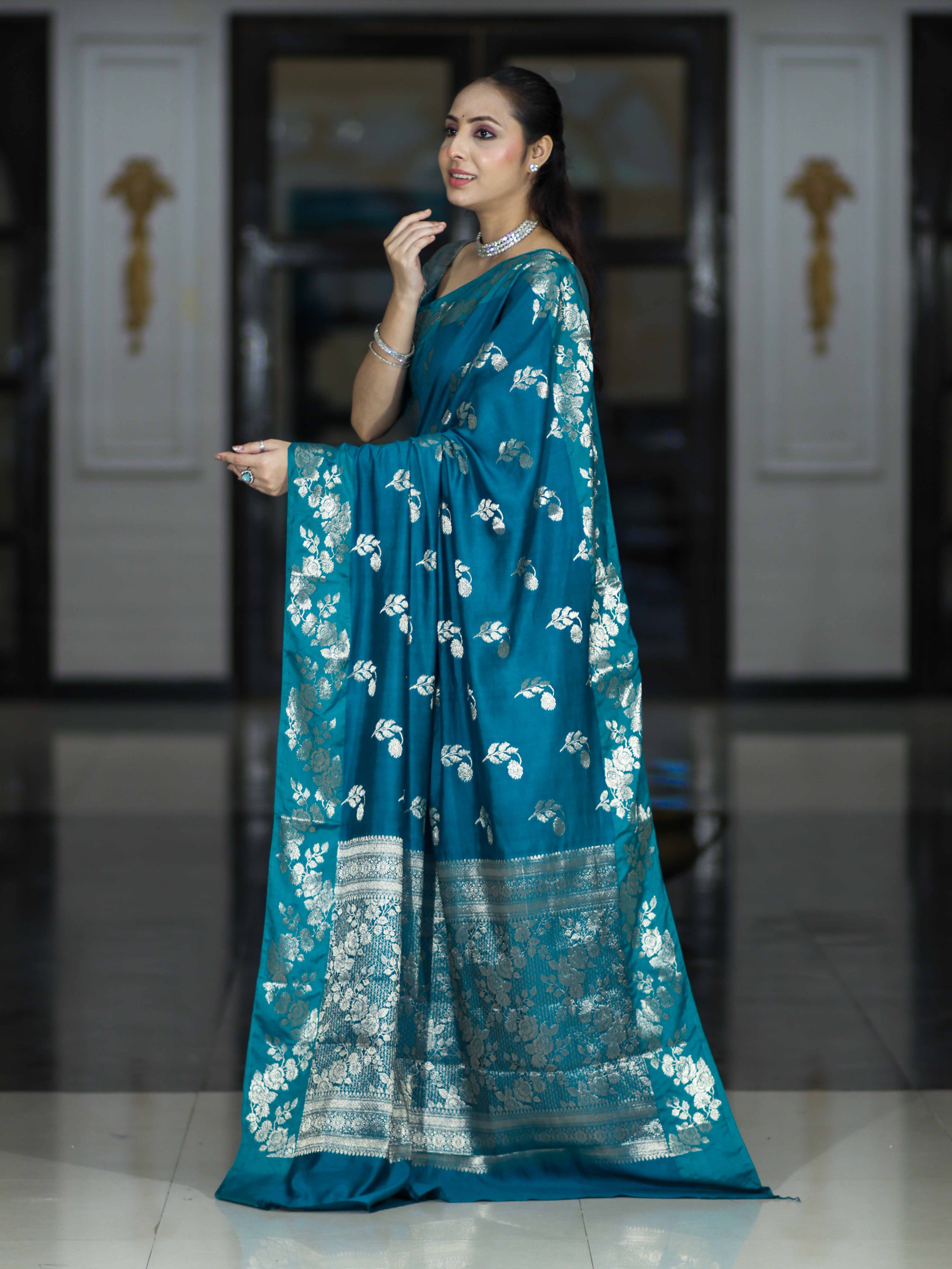 Banarasee Handloom Pure Chiniya Silk Saree With Zari Work-Turquoise Blue