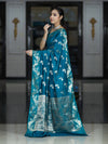Banarasee Handloom Pure Chiniya Silk Saree With Zari Work-Turquoise Blue