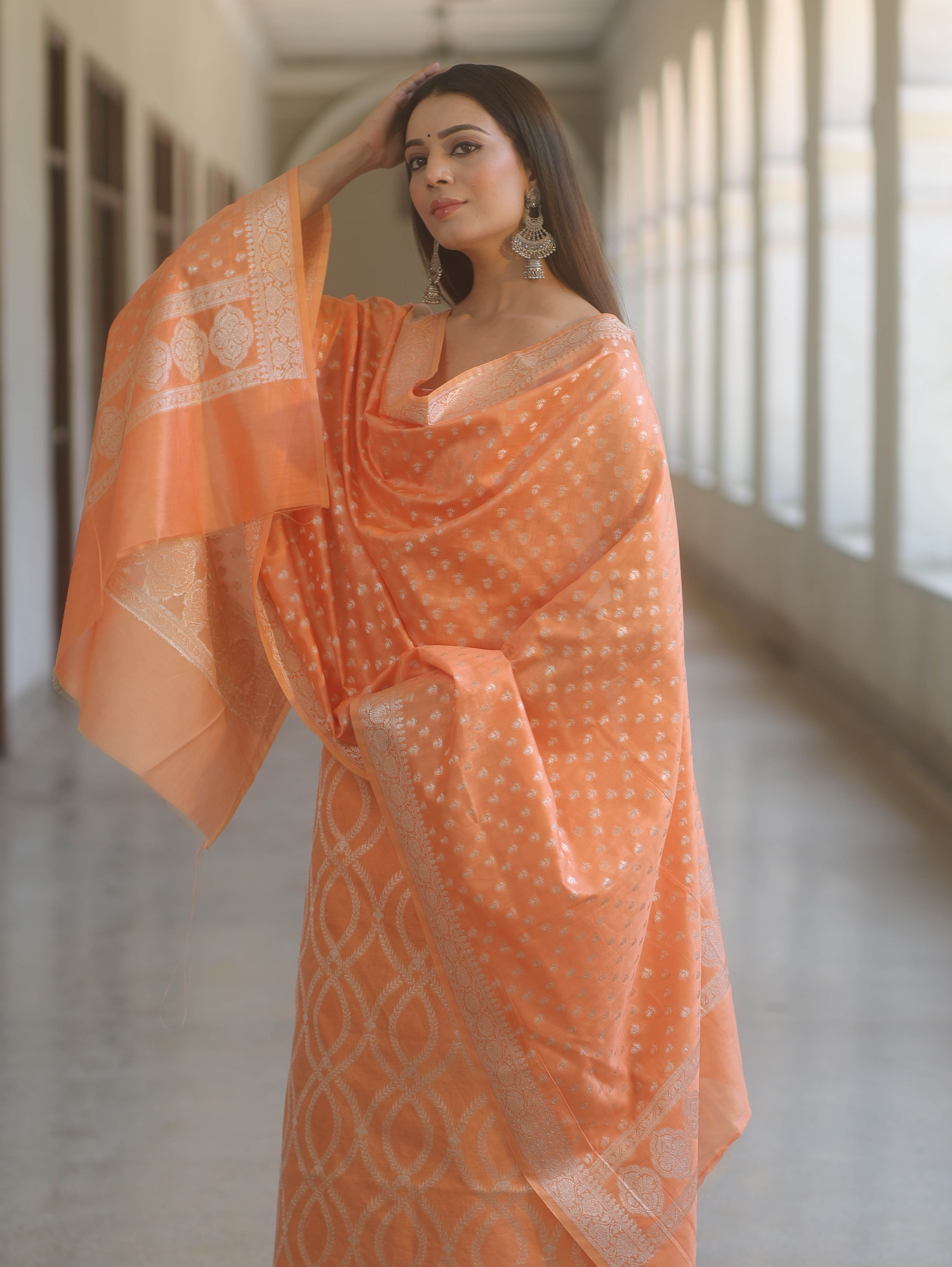 Banarasee Cotton Silk Zari Work Salwar Kameez Fabric With Dupatta-Peach