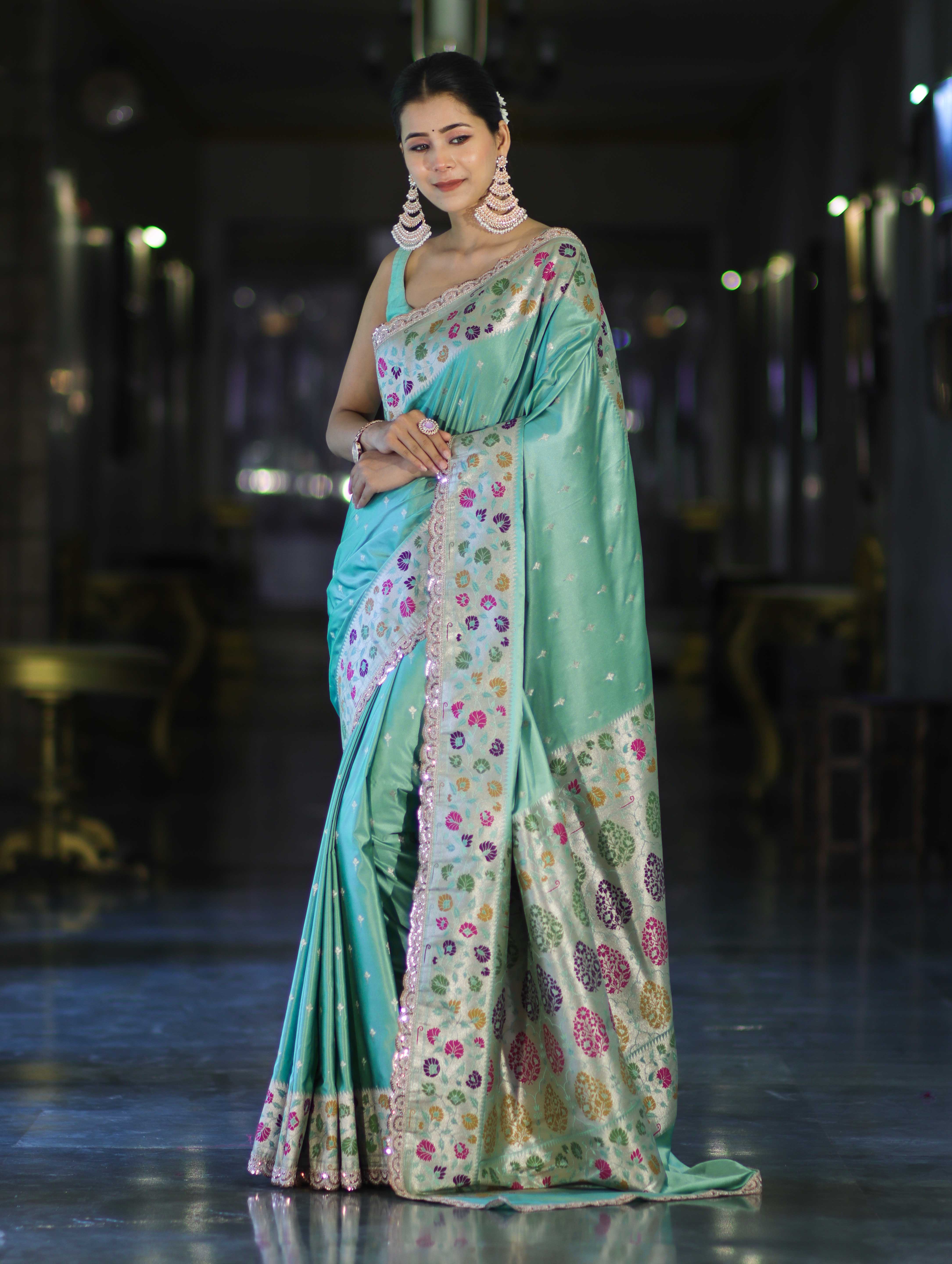 Banarasee Handloom Mashru Silk Saree With Buti Design Meenadar Border & Pallu-Aqua Green