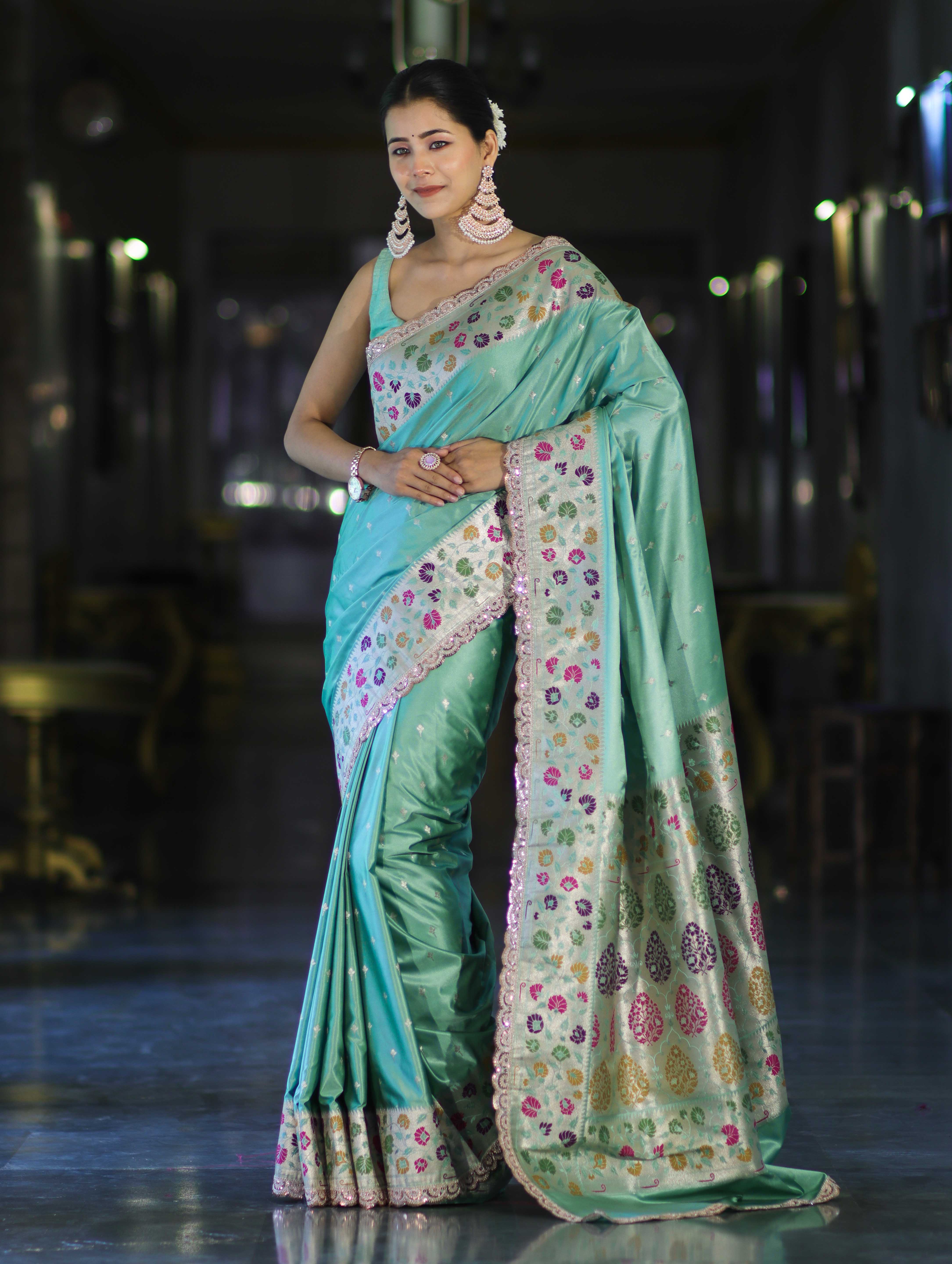Banarasee Handloom Mashru Silk Saree With Buti Design Meenadar Border & Pallu-Aqua Green