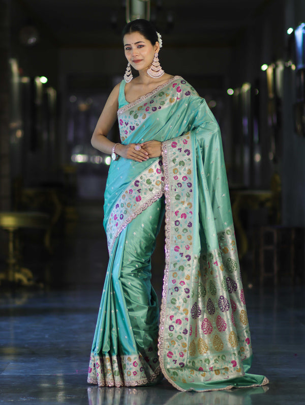 Banarasee Handloom Mashru Silk Saree With Buti Design Meenadar Border & Pallu-Aqua Green