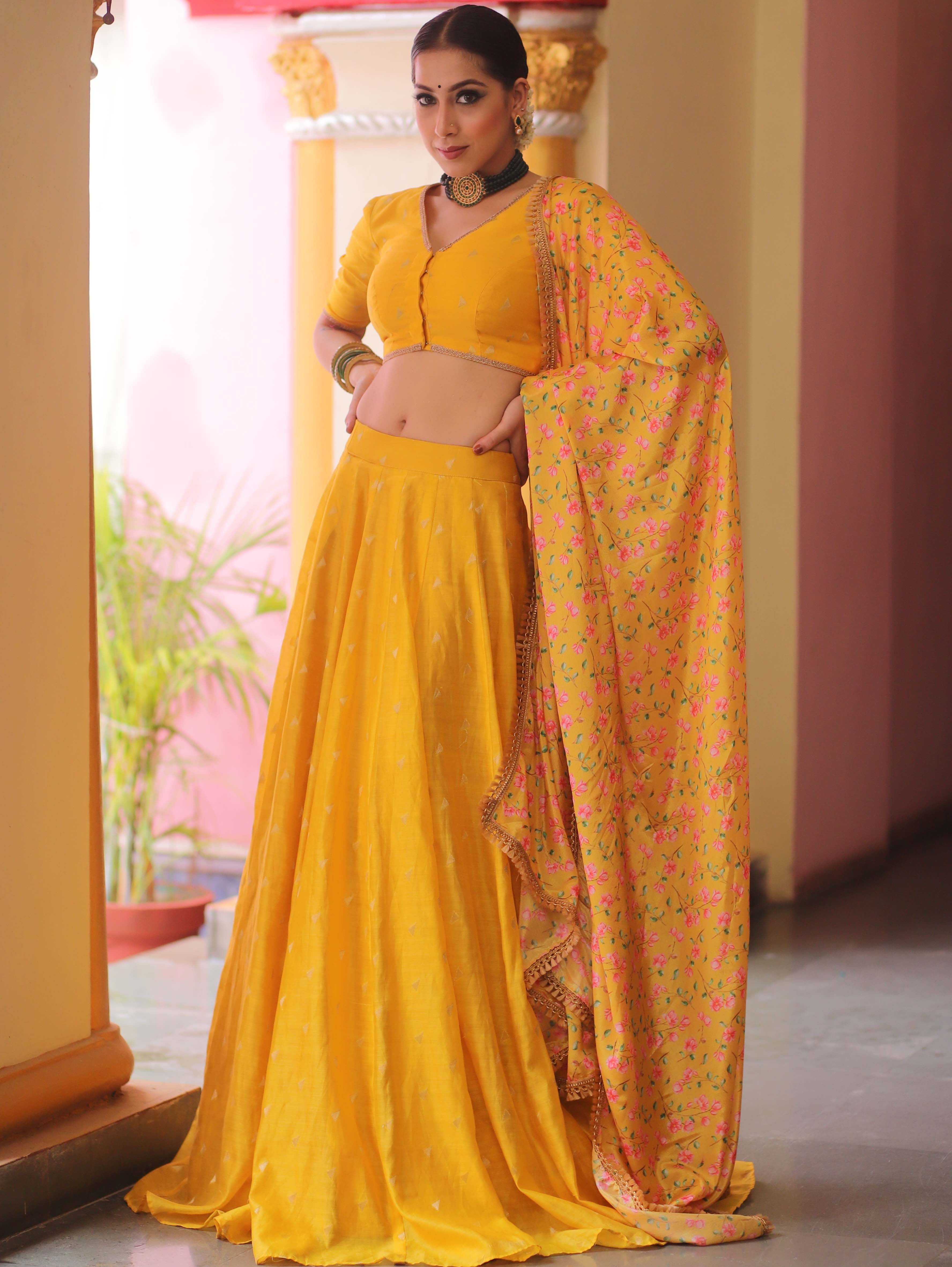 Banarasee Chanderi Silk Lehenga & Blouse With Crepe Silk Dupatta-Yellow