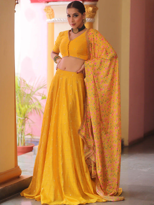 Banarasee Chanderi Silk Lehenga & Blouse With Crepe Silk Dupatta-Yellow