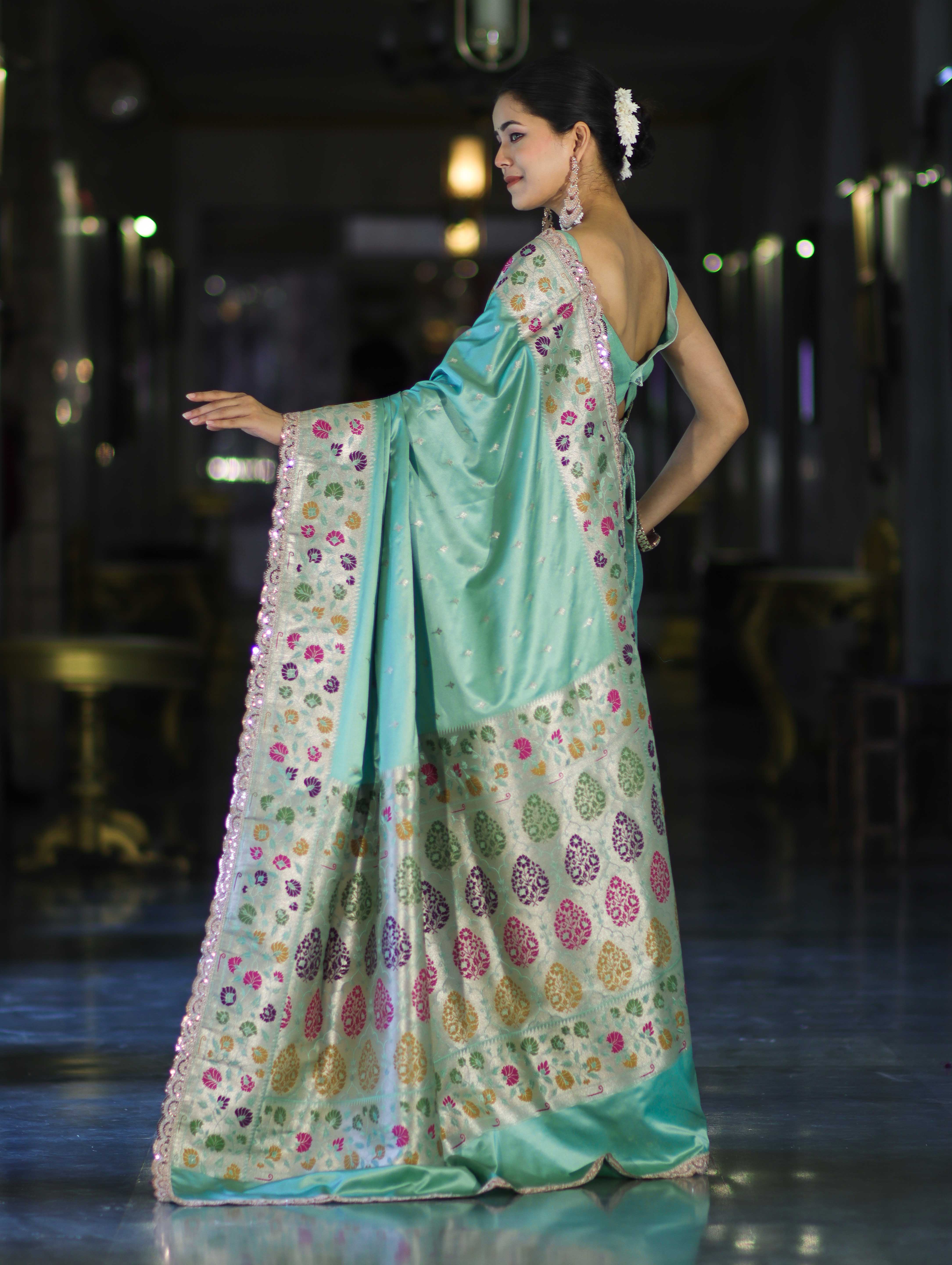 Banarasee Handloom Mashru Silk Saree With Buti Design Meenadar Border & Pallu-Aqua Green