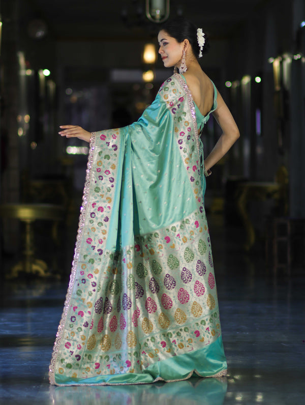 Banarasee Handloom Mashru Silk Saree With Buti Design Meenadar Border & Pallu-Aqua Green