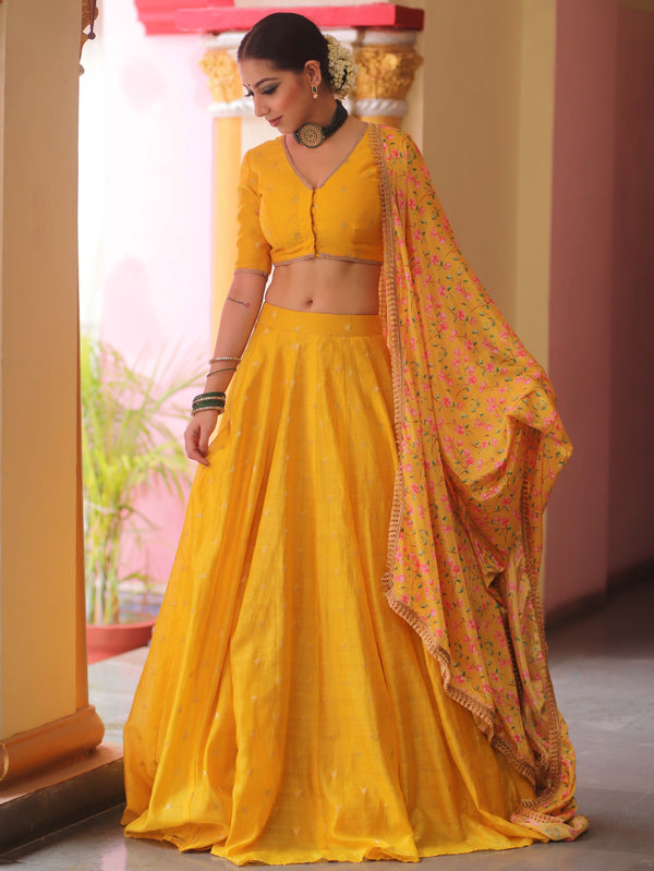 Banarasee Chanderi Silk Lehenga & Blouse With Crepe Silk Dupatta-Yellow