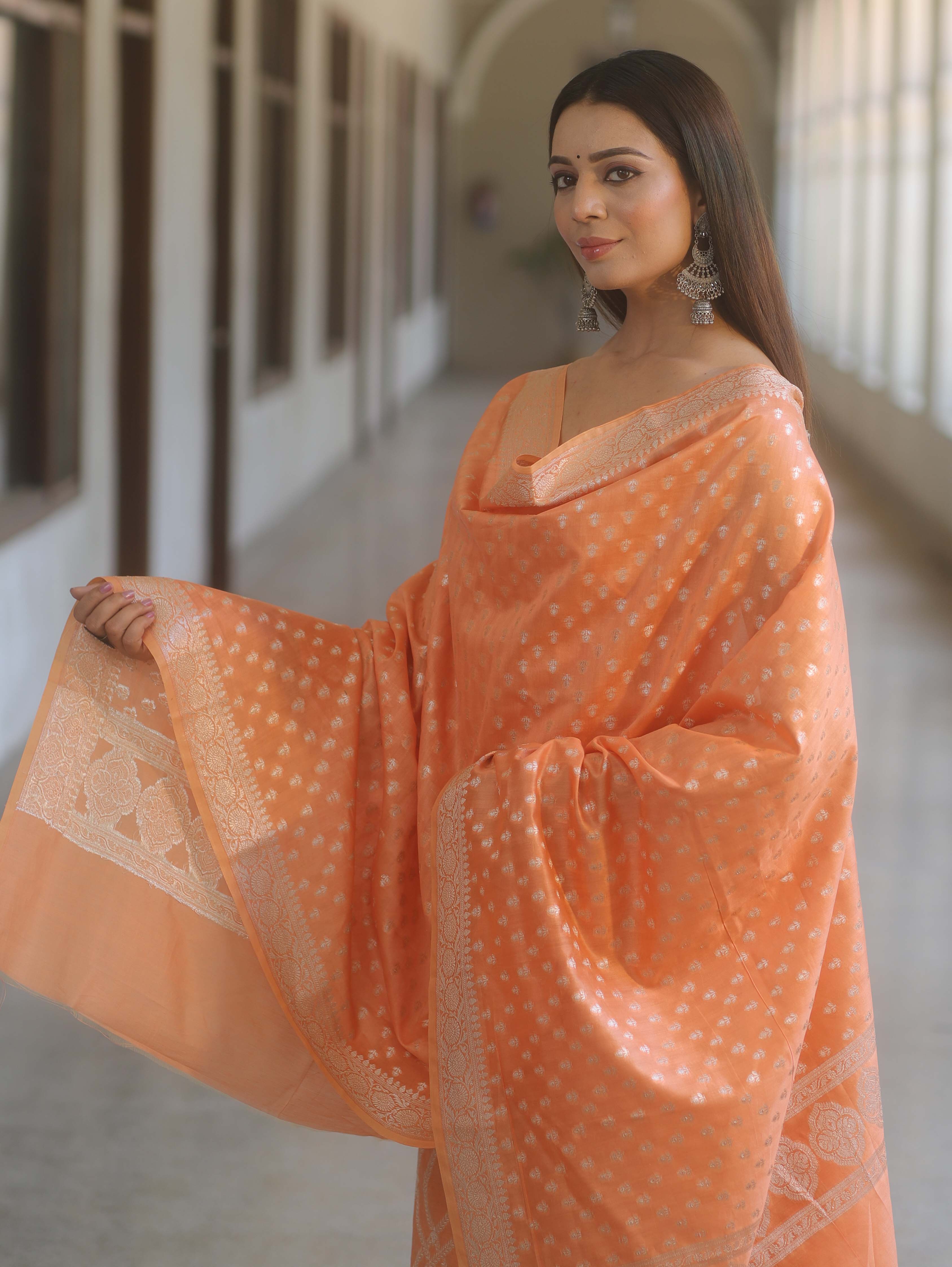 Banarasee Cotton Silk Zari Work Salwar Kameez Fabric With Dupatta-Peach