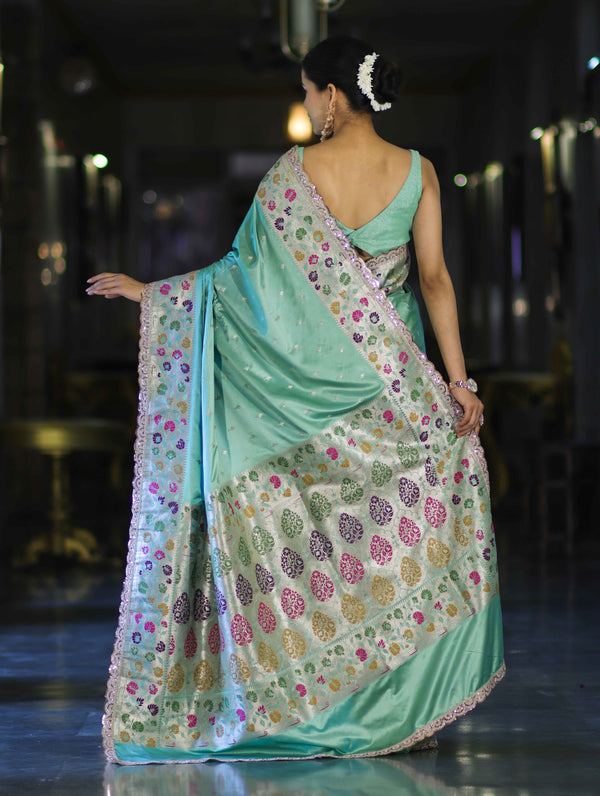 Banarasee Handloom Mashru Silk Saree With Buti Design Meenadar Border & Pallu-Aqua Green