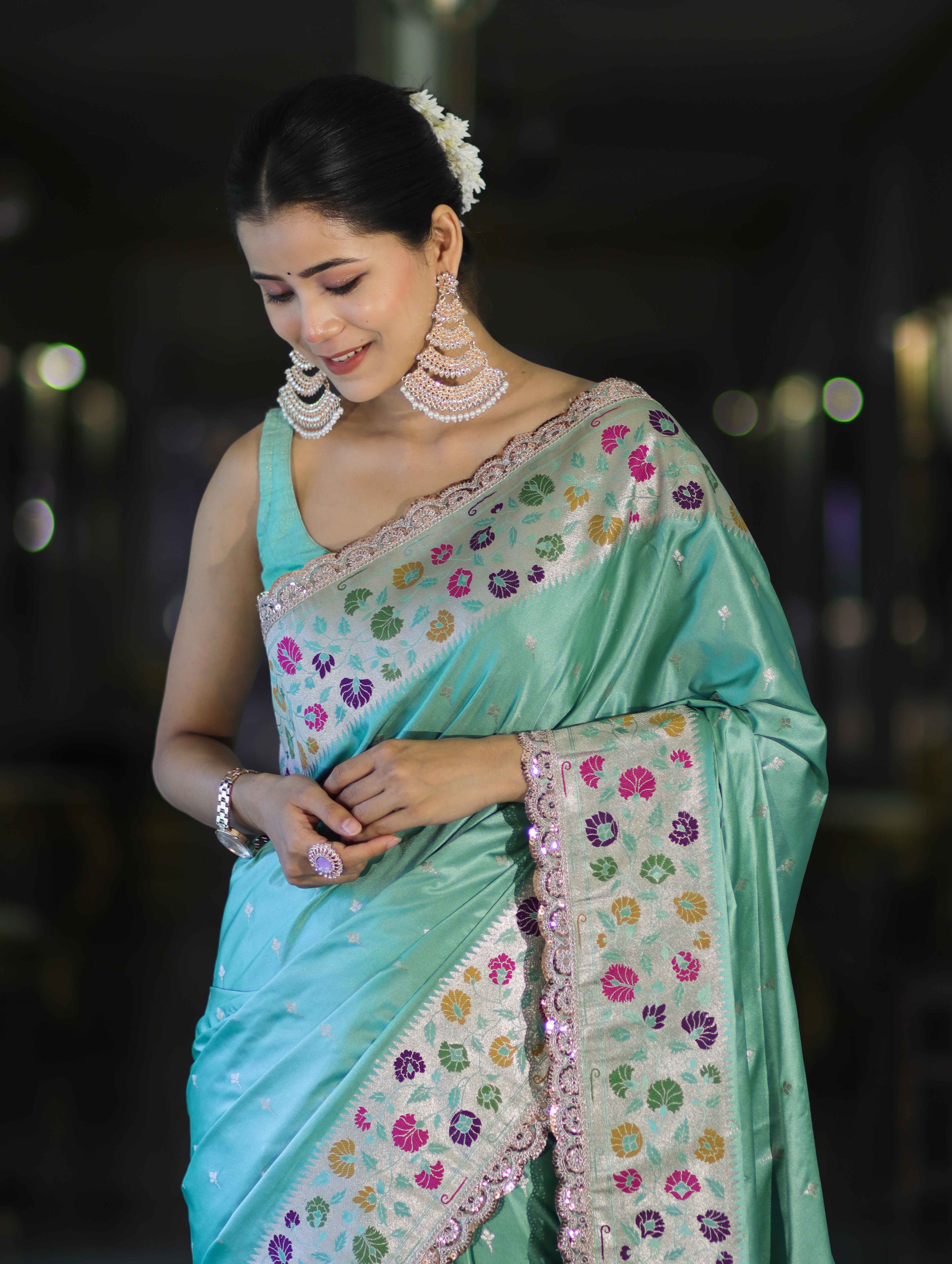 Banarasee Handloom Mashru Silk Saree With Buti Design Meenadar Border & Pallu-Aqua Green