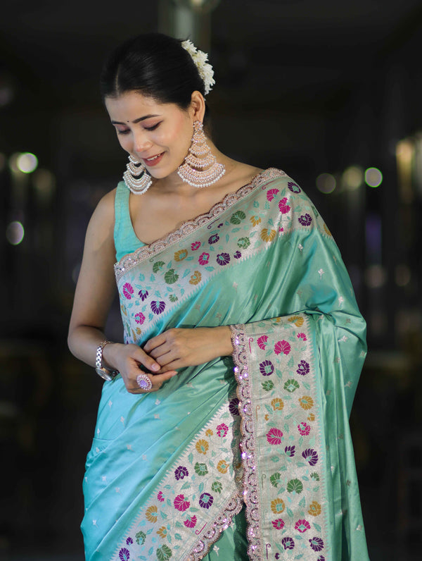 Banarasee Handloom Mashru Silk Saree With Buti Design Meenadar Border & Pallu-Aqua Green