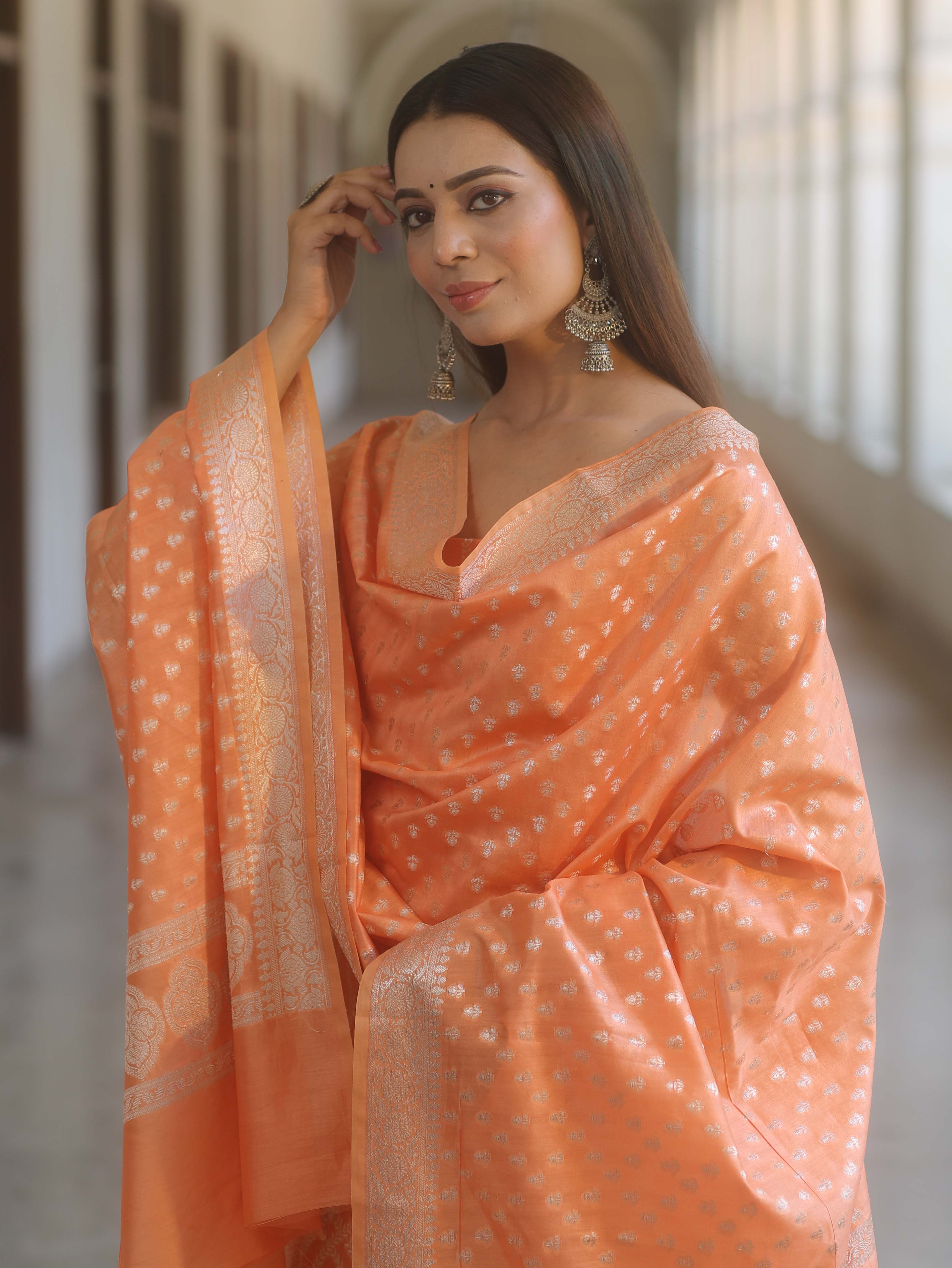 Banarasee Cotton Silk Zari Work Salwar Kameez Fabric With Dupatta-Peach