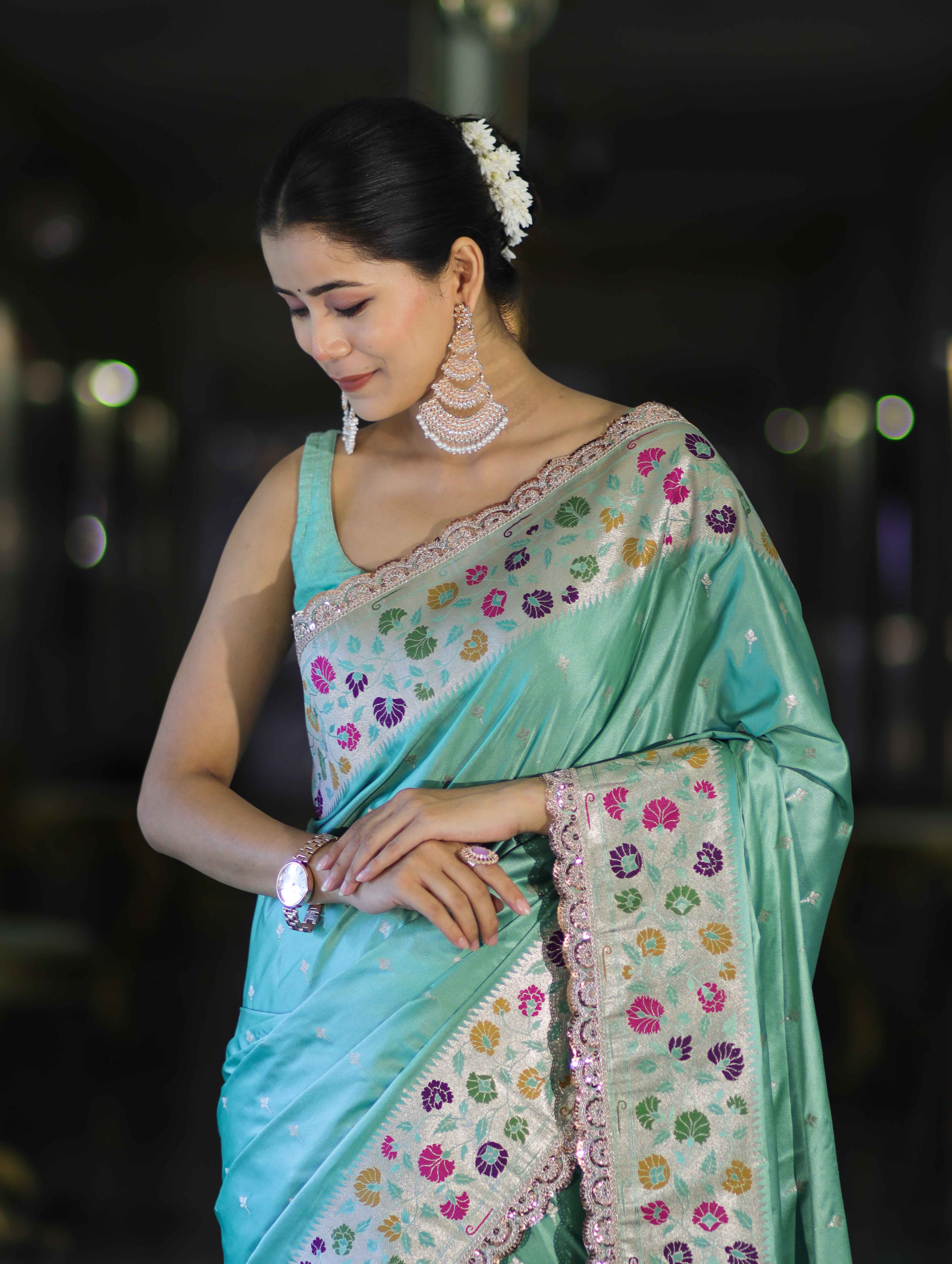 Banarasee Handloom Mashru Silk Saree With Buti Design Meenadar Border & Pallu-Aqua Green