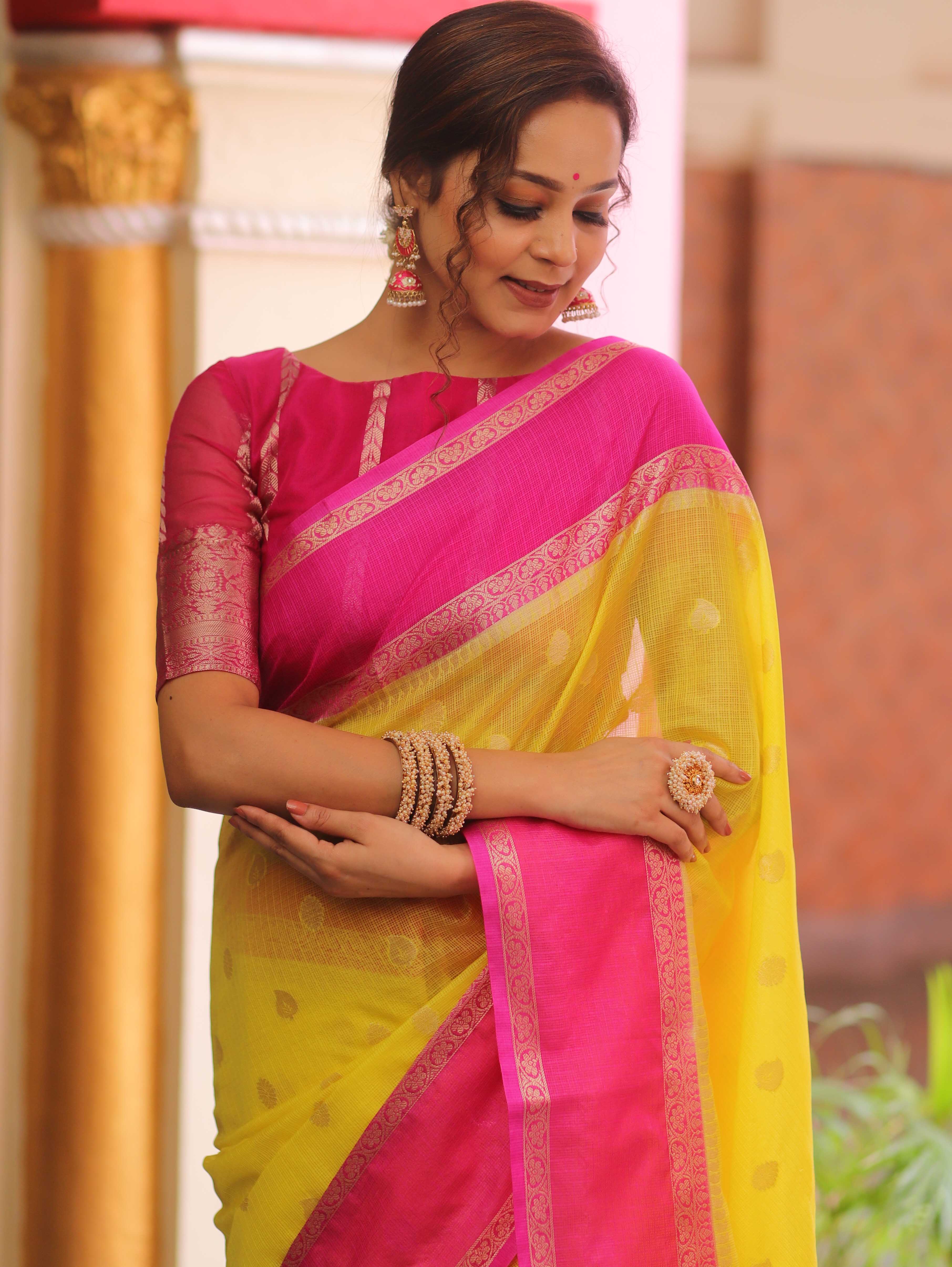 Banarasee Cotton Silk Mix Kota Checks Saree With Zari Design-Yellow & Pink