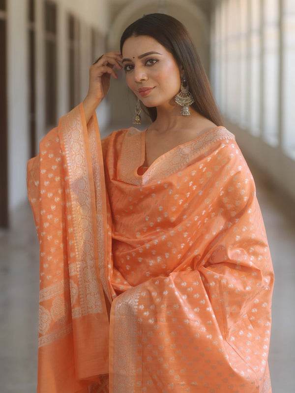 Banarasee Cotton Silk Zari Work Salwar Kameez Fabric With Dupatta-Peach
