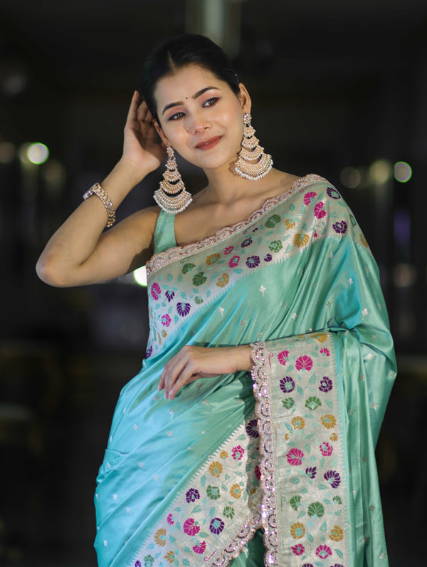 Banarasee Handloom Mashru Silk Saree With Buti Design Meenadar Border & Pallu-Aqua Green