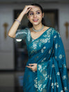 Banarasee Handloom Pure Chiniya Silk Saree With Zari Work-Turquoise Blue