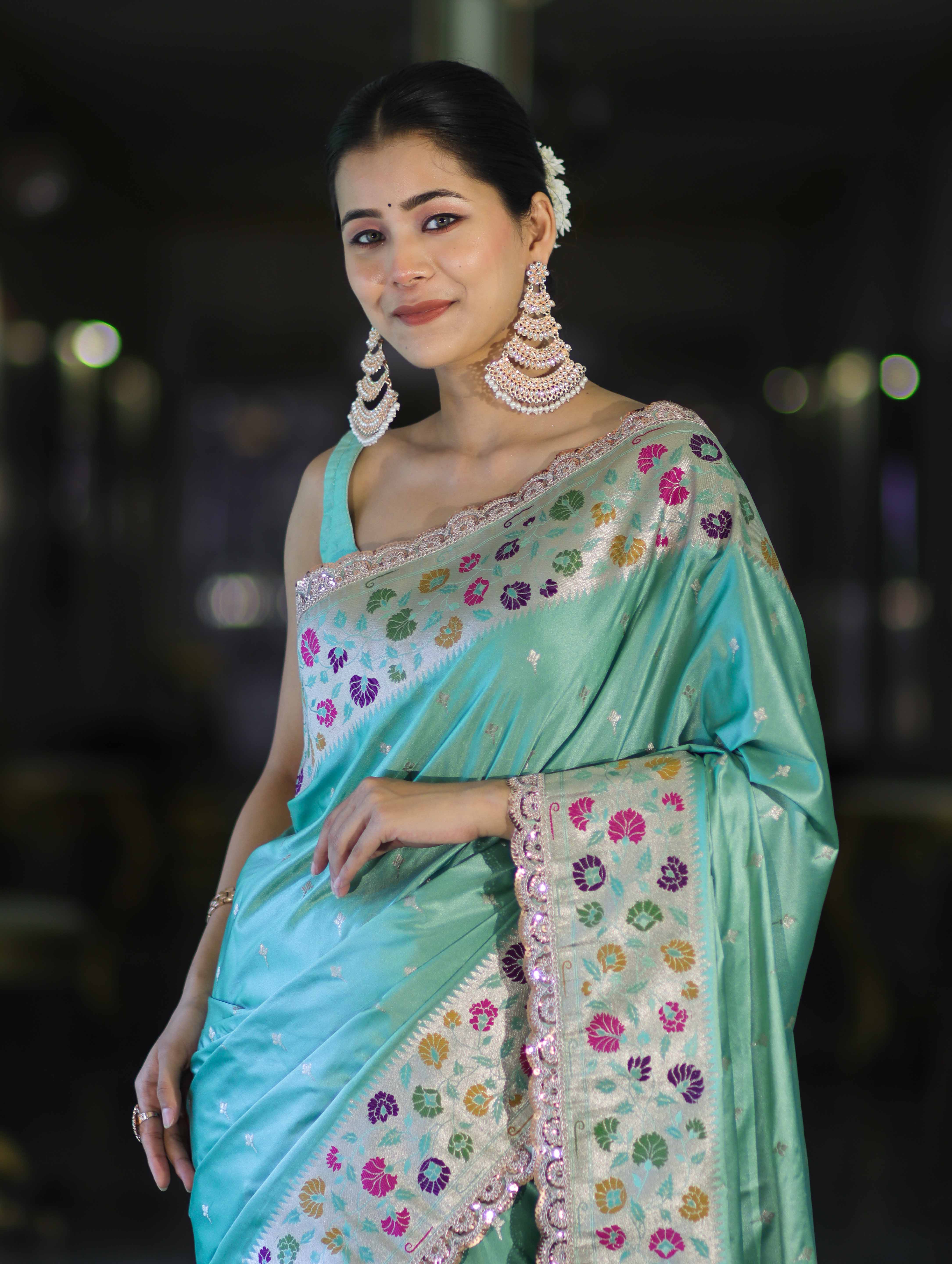 Banarasee Handloom Mashru Silk Saree With Buti Design Meenadar Border & Pallu-Aqua Green