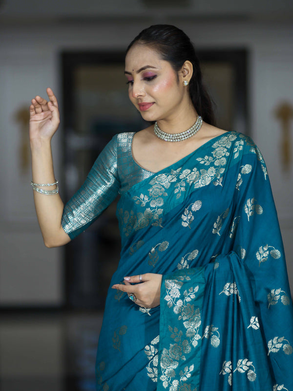 Banarasee Handloom Pure Chiniya Silk Saree With Zari Work-Turquoise Blue